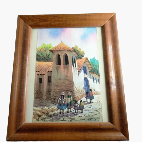 Original Watercolor South American Street Scene Adobe Village Church Framed - Picture 4 of 6